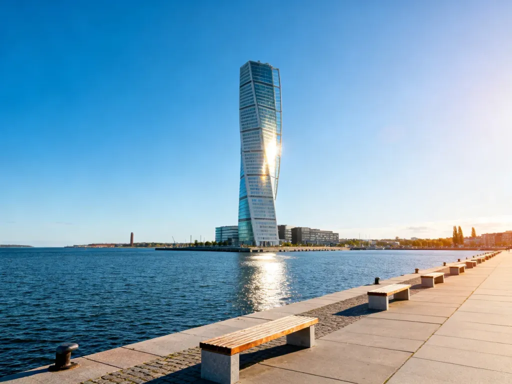 Wieżowiec Turning Torso w Malmö na tle błękitnego nieba oraz nowoczesne nabrzeże z drewnianymi ławkami.