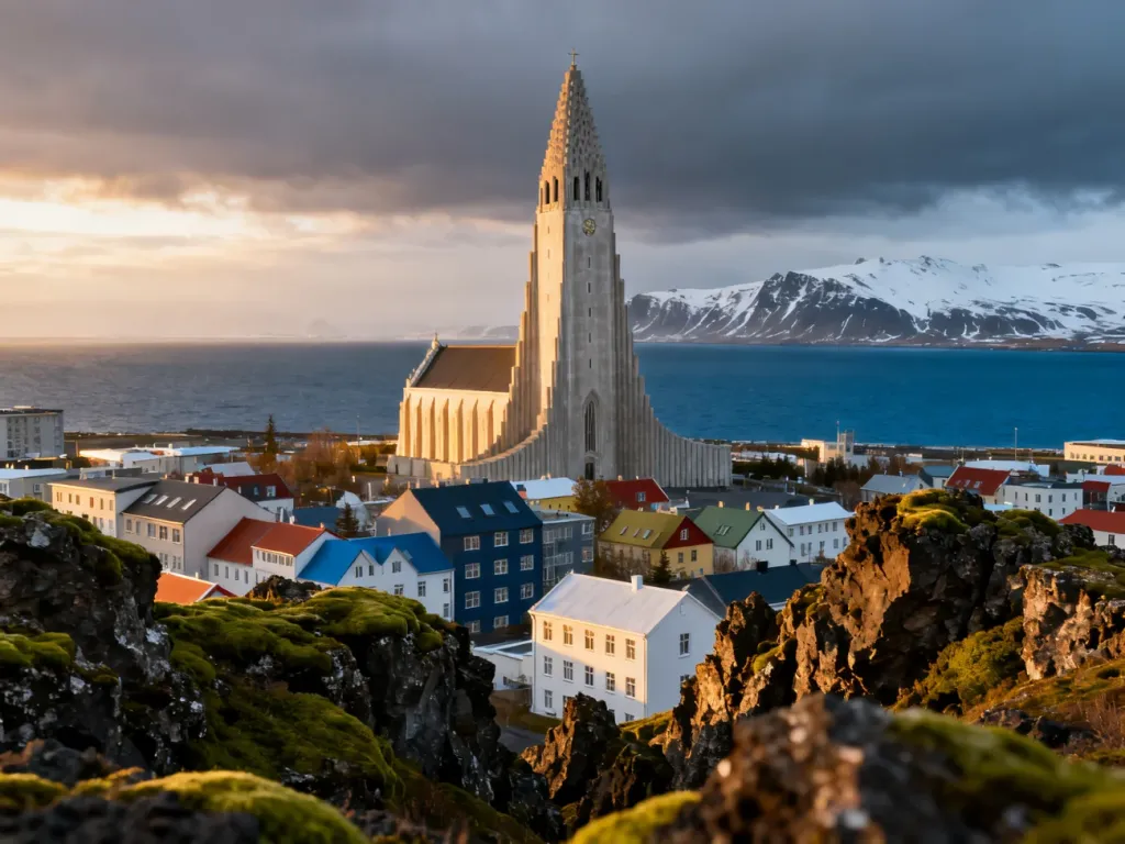 Widok na kościół Hallgrímskirkja, kolorowe dachy Reykjaviku oraz góry w tle w świetle poranka.