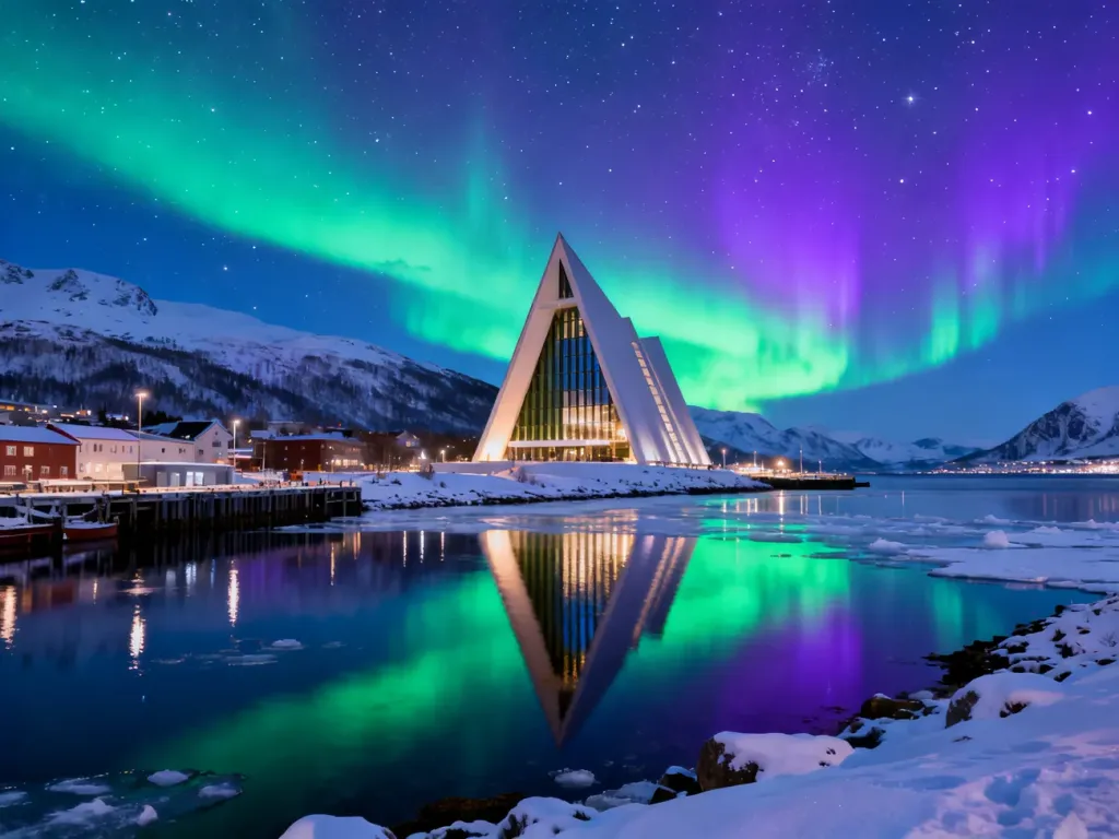 Nocna panorama Tromsø z oświetloną Katedrą Arktyczną i zorzą polarną odbijającą się w wodach fiordu.