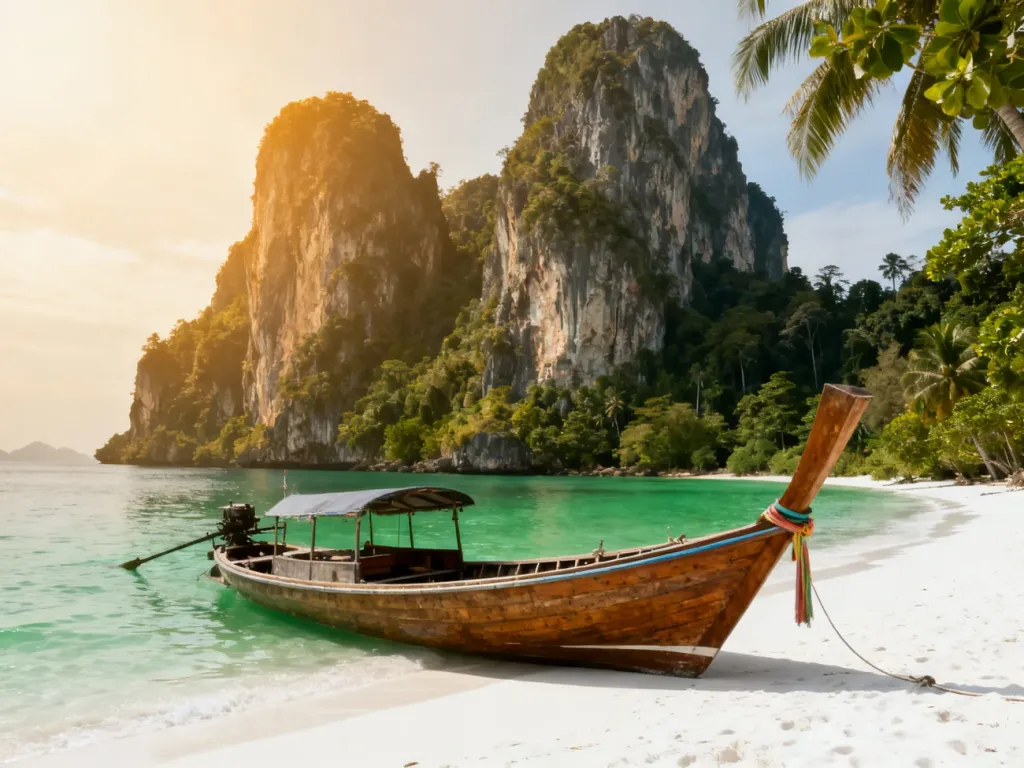 Tradycyjna łódź na piaszczystej plaży z widokiem na wapienne klify i szmaragdowe wody w tajlandzkim Krabi.