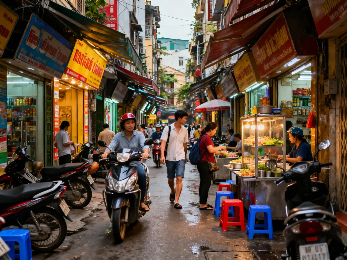 Ruchliwa ulica Old Quarter w Hanoi pełna skuterów, straganów i pieszych