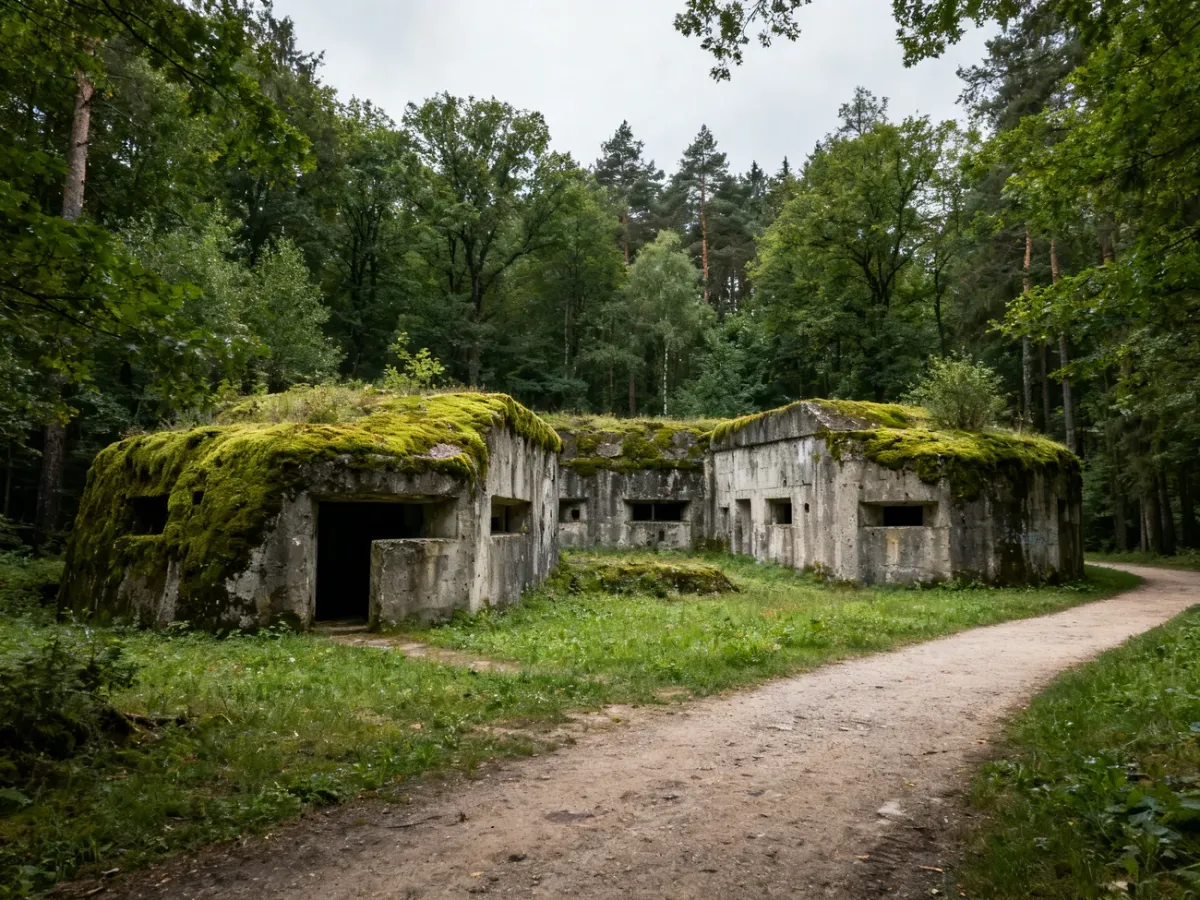Ruiny bunkrów Wilczego Szańca wśród mazurskiego lasu