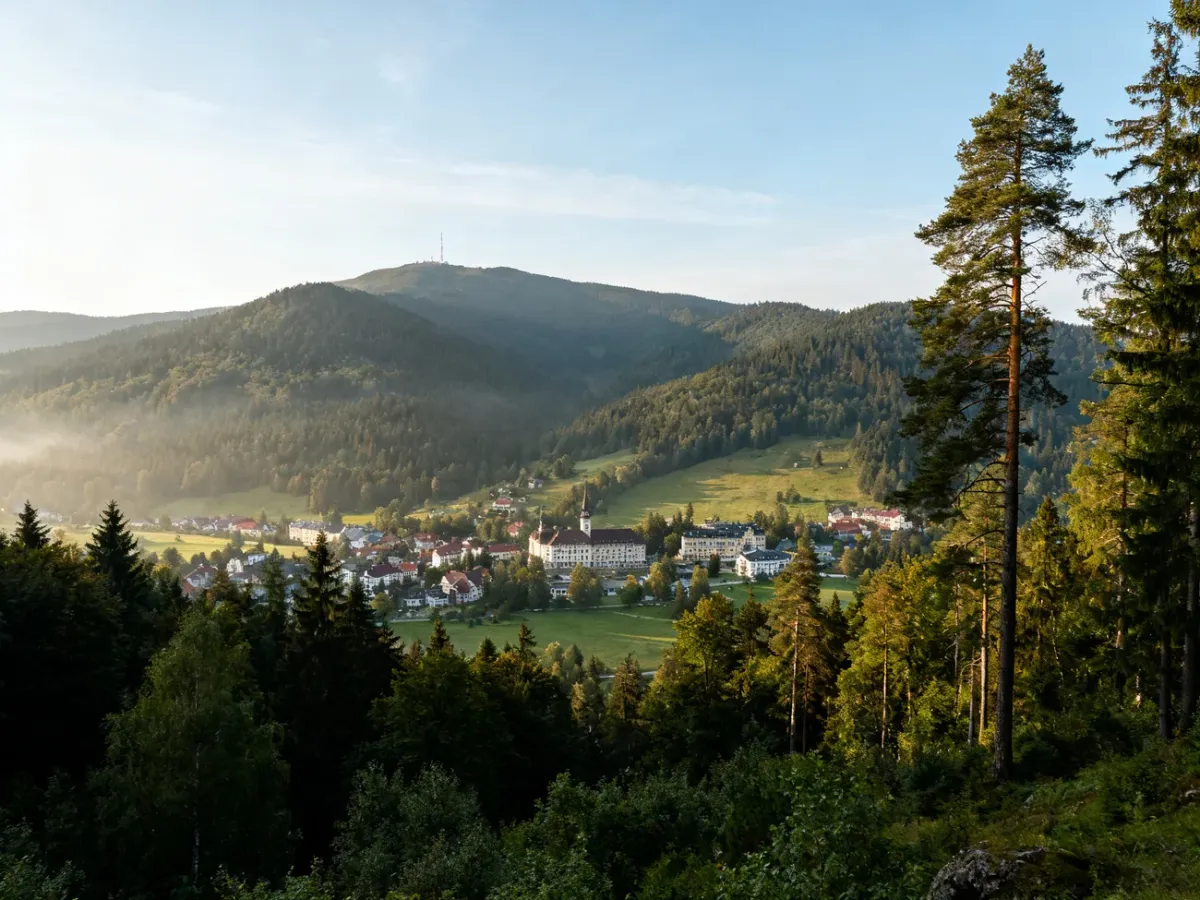 Panoramiczny widok Ustronia położonego wśród beskidzkich wzgórz
